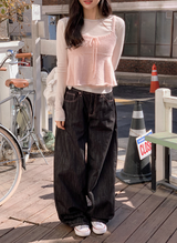 ピンクハートステッチノンフェードデニムワイドパンツ