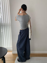Design Open Shoulder Slim スパンデックス半袖Tシャツ