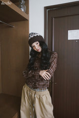 wool cotton shirring checkered long-sleeved shirt