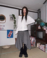 (2color) Wool Check Unbalanced Flare Midi Skirt