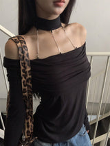 Strap Off-Shoulder Black Chain Long Sleeve Tee