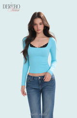 Mint Blue Square Long-Sleeve T-Shirt