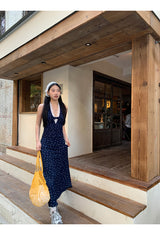Navy Halterneck Flower Long Dress