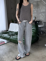Gray washed damage wide pants