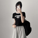 Franker Fluffy Lettering Neck Coloring Cropped Short Sleeve T-shirt (3 colors)