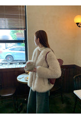 V-neck quilted ivory fur jacket