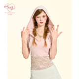 [GirlyFancyClub] Comfortable Lyocell Hollow Lace Patch Pink Sweet and Spicy Hooded Slim Fit T-shirt Top