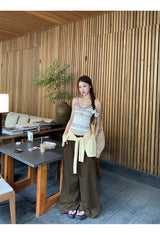 Hazelnut pintuck wide cotton casual pants