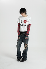SEXXDEVIL "I LOVE 3EX" Red Plaid Layered TEE