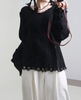 ラバーVネックダメージカットポイント長袖ニット (wool material)
