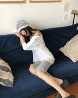 カリーヌリネンオーバーサイズフィットヘンリーネックオフショルダー半袖Tシャツ