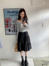 Raymi Heart Neck Shirring Slim Rib T-Shirt (4color)