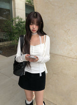 [Muffler set] Renu Cardigan Shirring Button Sleeveless Set