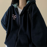 Check lining ribbon fleece hooded zip-up