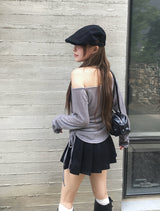 カミールオフショルダーシャーリングシースルーニット