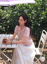 [MADE/4color] カラーネックブックル半袖ニット