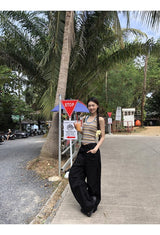 Lace Black Side Shirring Casual Pants