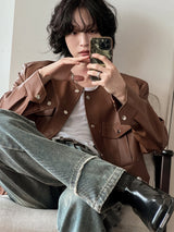 Cape round pocket leather jacket