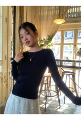 Back White Bow Long Sleeve Knit T-shirt