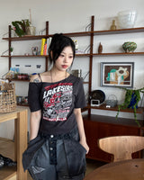 y2k ヒップガール アンバランスオフショルダー 半袖Tシャツ