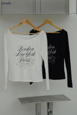 wide neck lettering normal fit long-sleeved T-shirt