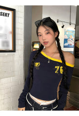 アンバランスオフショルダーブロックコアロングスリーブTシャツ