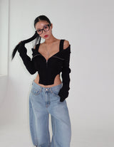 off-shoulder cut-out zip-up knitwear T-shirt