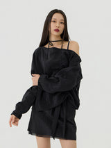 One-shoulder Blanc Ribbon Shirring Detail Top, Black