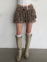Beige Flower Frill Skirt&Pants