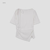(T-7049)アシンメトリーネックストリングTシャツ