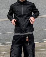 Kale Panel High-Neck Leather Jacket