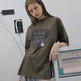 オーバーサイズ ヒップホップ ダンススタジオ ハートグラフィック 半袖Tシャツ_KHAKI