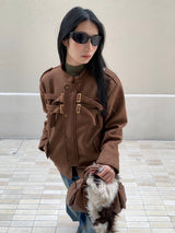 Suede lace-up no-collar jacket