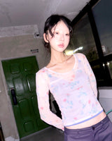 (3color) Blurred Flower Sheer Mesh Tee