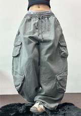 FLEECE/STRING TWO CARGO RIVET WIDE BALLOON LONG PANTS💚🤎🖤🩶4COLOR