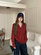 Round button waffle long-sleeved t-shirt