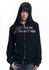 Lettering Embroidered Hoodie Zip-Up - Black