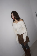 suede unbalanced brown mini skirt