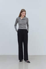 PINTUCK WIDE WOOL SLACKS PANTS - BLACK