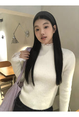 lace ribbed white turtleneck long-sleeved knitwear