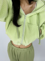 (LOWEST PRICE!/HOT DEAL♥) フリースシェルパフーディージップアップバンディングセミクロップドフーディー - 3 COLOR