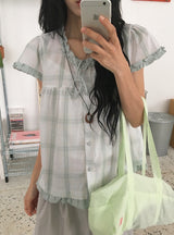 Arche Check Frill Short Sleeve Blouse