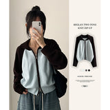 Sera collar color matching nagrang two-way knit zip-up