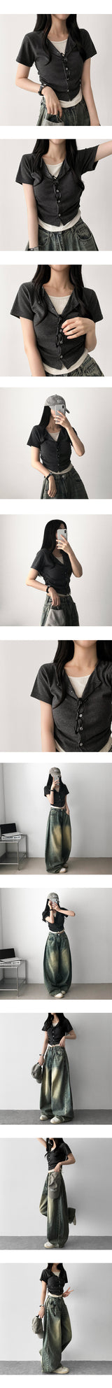 Dinfu Side Shirring Layered Cardigan Short-Sleeved T-Shirt