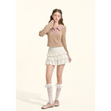 [GirlyFancyClub] high-intelligence miu style*pink and brown striped small lapel faux two-piece knitted top for