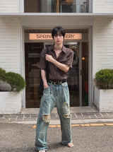 クダ ダメージ ワイド デニムパンツ