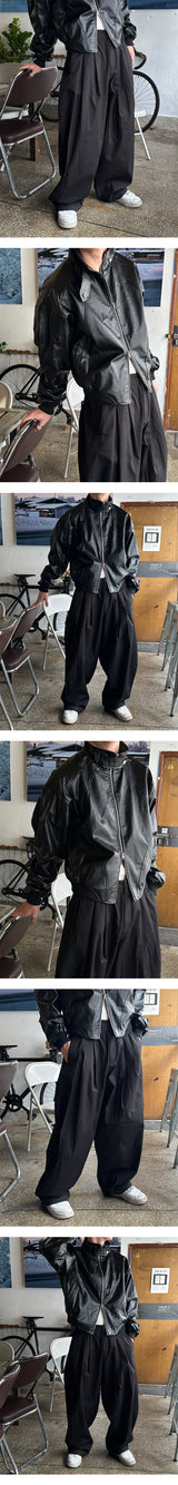 [Unisex] アイレットカーブレザーブルゾンジャケット(2color)