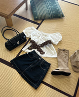 a raw paper stitch jean skirt