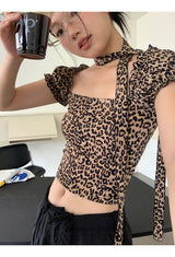スカーフレオパードスクエアネック半袖Tシャツ