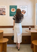 ヘンリーUネックストライプ半袖ニット